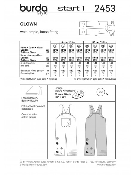 Patron Burda Carnaval 2453 - Déguisement Clown & Paysan Adulte Miste