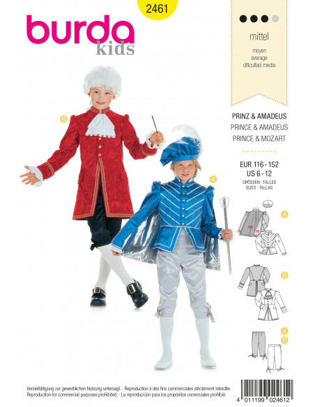 Patron Burda Carnaval 2461 - Déguisement Historique Prince et Mozart enfant