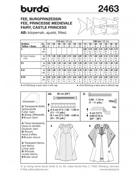 Patron Burda Carnaval 2463 - Déguisement Historique Fée et Princesse médiévale enfant