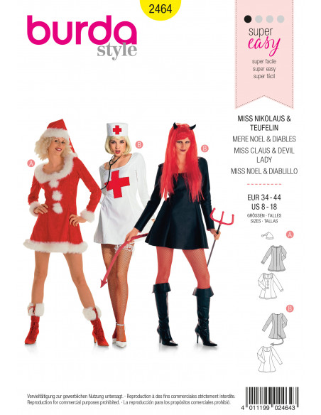 Patron Burda Carnaval 2464 - Déguisement Mère Noël, Diablesse, Infirmière Femme