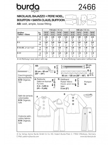 Patron Burda Carnaval 2466 - Déguisement Père Noel & Pierrot Homme