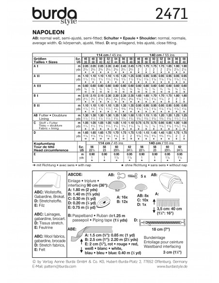 Patron Burda Carnaval 2471 - Déguisement Historique Napoléon Homme