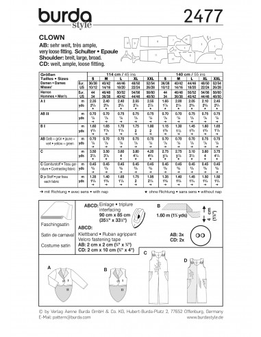 Patron Burda Carnaval 2477 - Déguisement Clown Adulte Mixte