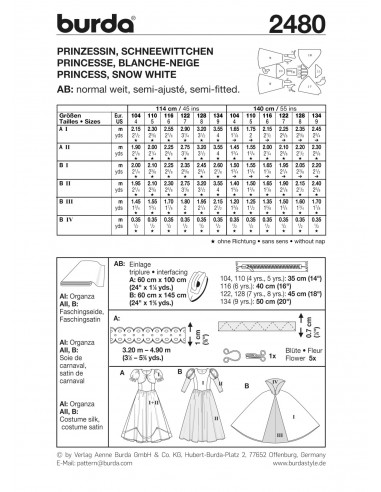 Patron Burda Carnaval 2480 - Déguisement Historique Princesse et Blanche - Neige enfant