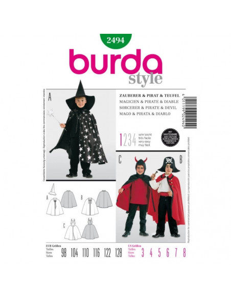 Patron Burda Carnaval 2494 - Déguisement  Cape et Chapeau de Magicien, Pirate et Diable enfant