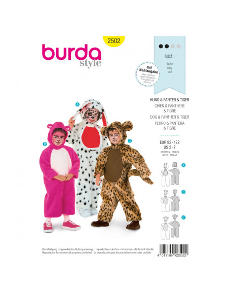 Patron Burda Carnaval 2502 - Déguisement Chien, Panthère & Tigre enfant