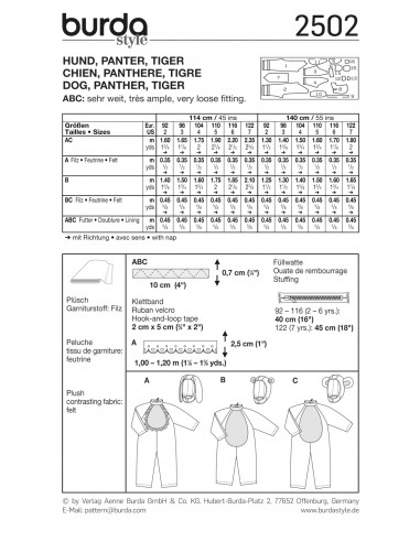 Patron Burda Carnaval 2502 - Déguisement Chien, Panthère & Tigre enfant