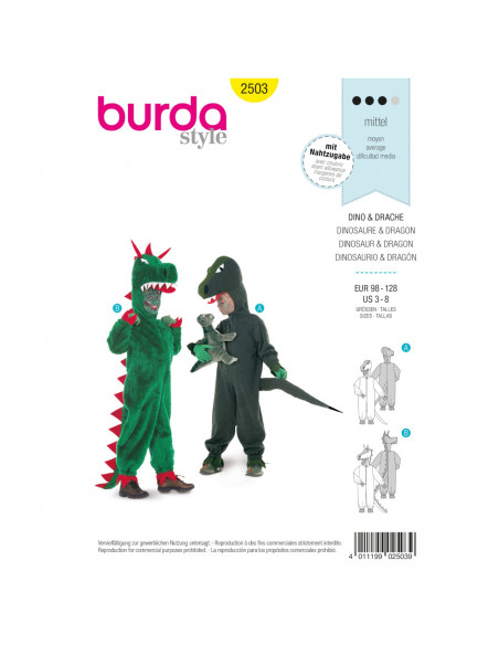 Patron Burda Carnaval 2503 - Déguisement Combinaison Dinosaure & Dragon enfant