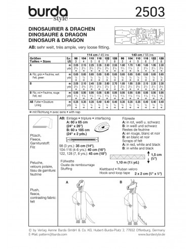 Patron Burda Carnaval 2503 - Déguisement Combinaison Dinosaure & Dragon enfant