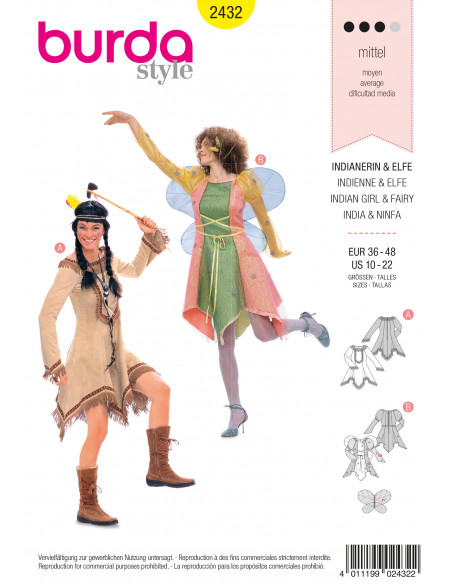 Patron Burda Carnaval 2432 - Déguisement indienne et elfe Femme