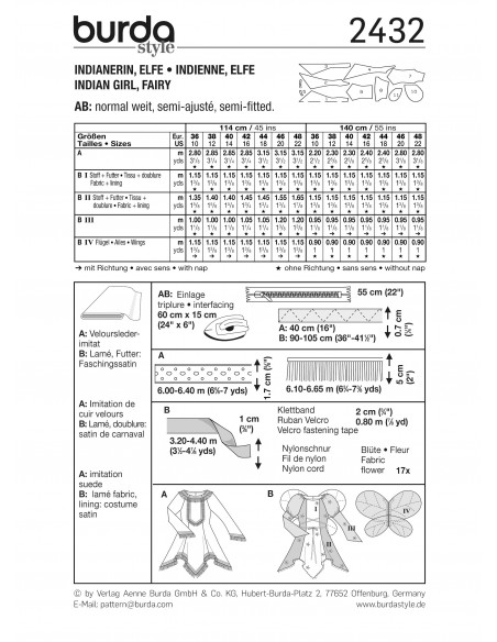 Patron Burda Carnaval 2432 - Déguisement indienne et elfe Femme