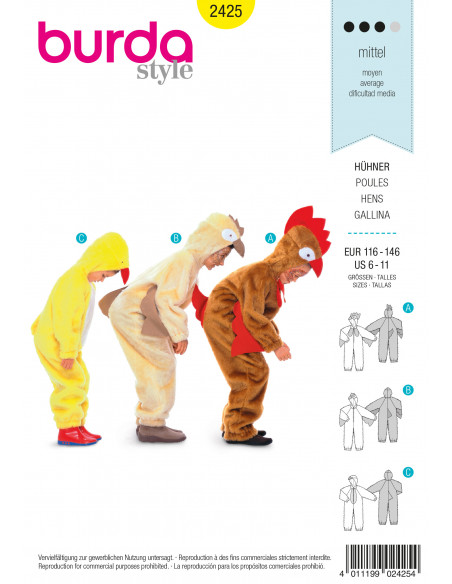 Patron Burda Carnaval 2425 - Déguisement Poule, poussin, coq enfant