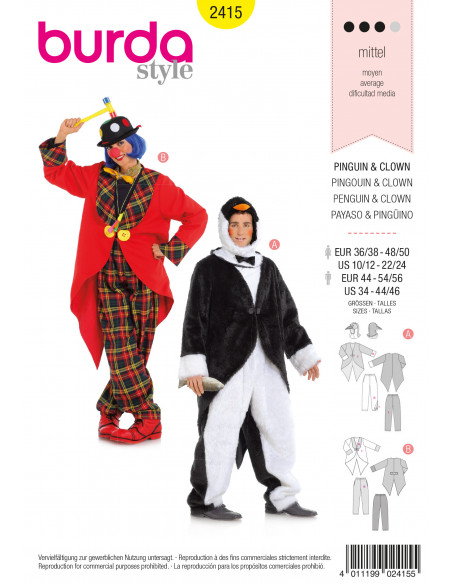 Patron Burda Carnaval 2415 - Déguisement Pingouin & clown Adulte Mixte