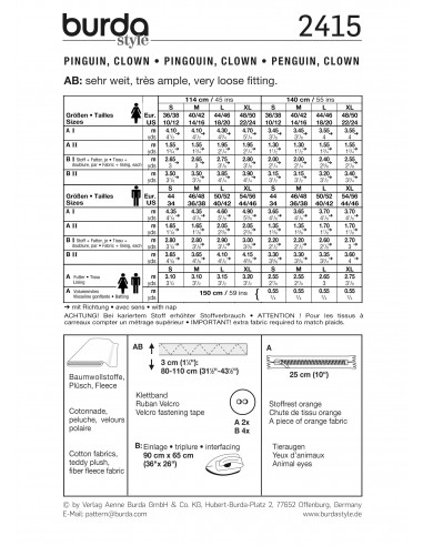 Patron Burda Carnaval 2415 - Déguisement Pingouin & clown Adulte Mixte