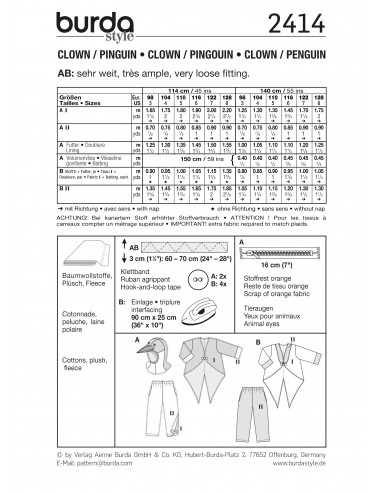 Patron Burda Carnaval 2414 - Déguisement Pingouin et  Clown enfant