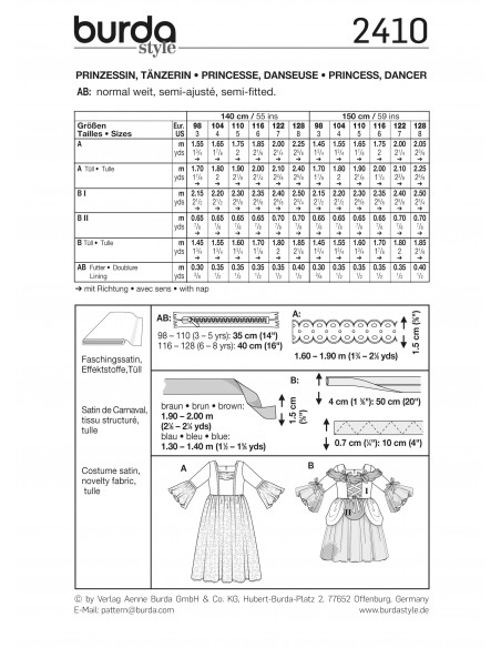 Patron Burda Carnaval 2410 - Déguisement Princesse et Danseuse enfant