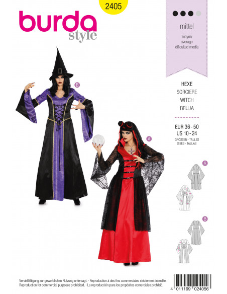 Patron Burda Carnaval 2405 - Déguisement Robe Moyen - âge, sorcière ou voyante Femme