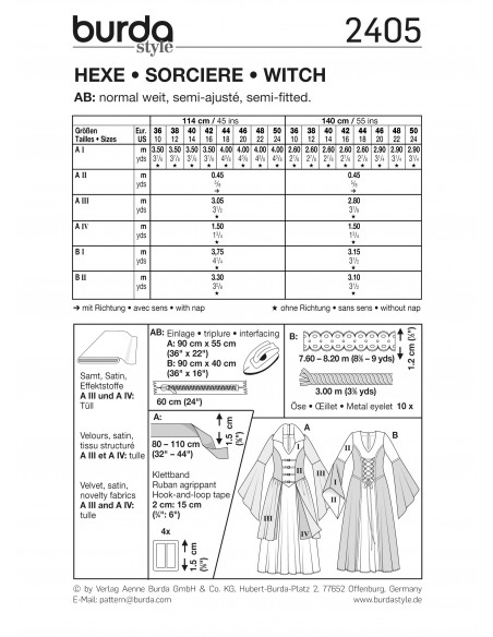 Patron Burda Carnaval 2405 - Déguisement Robe Moyen - âge, sorcière ou voyante Femme