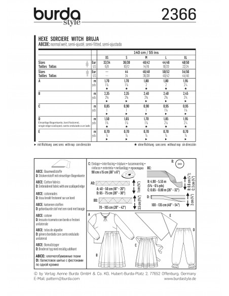 Patron Burda Carnaval 2366  - Déguisement Sorcière Adulte Mixte