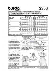 Patron Burda Carnaval 2356 -  Déguisement Petit chaperon rouge et Princesse enfant 2
