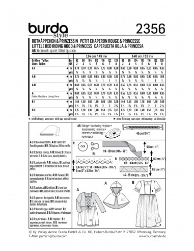 Patron Burda Carnaval 2356 -  Déguisement Petit chaperon rouge et Princesse enfant