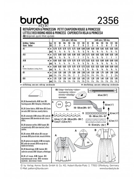 Patron Burda Carnaval 2356 -  Déguisement Petit chaperon rouge et Princesse enfant