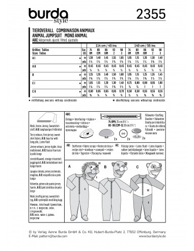Patron Burda Carnaval 2355 - Déguisement Combinaison animaux bébé