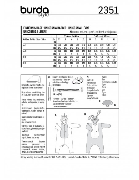 Patron Burda Carnaval 2351 - Combinaison lapin et Licorne Adulte