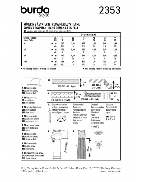 Patron Burda Carnaval 2353 - Déguisement Romaine et Egyptienne Femme