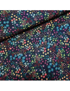 Tissu, Viscose Imprimée Fleuri, Bleu Marine, Laize 140 cm, 100% Viscose 156g/m²