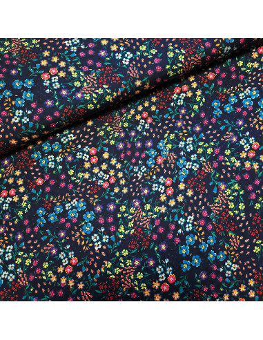 Tissu, Viscose Imprimée Fleuri, Bleu Marine, Laize 140 cm, 100% Viscose 156g/m²