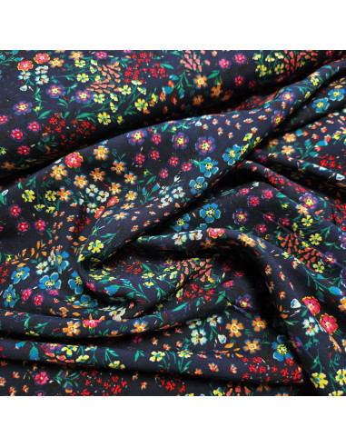 Tissu, Viscose Imprimée Fleuri, Bleu Marine, Laize 140 cm, 100% Viscose 156g/m²