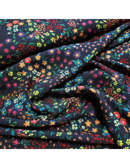 Tissu, Viscose Imprimée Fleuri, Bleu Marine, Laize 140 cm, 100% Viscose 156g/m²