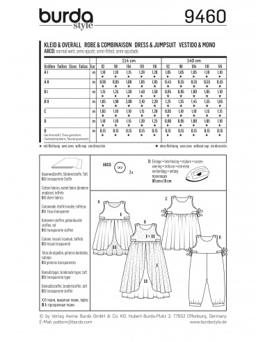 Patron Burda 9460 - Burda kids : Robe et combinaison du 92 à 116cm