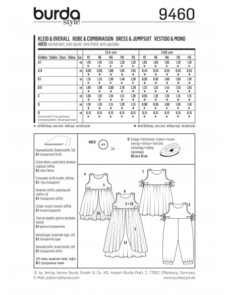 Patron Burda 9460 - Burda kids : Robe et combinaison du 92 à 116cm