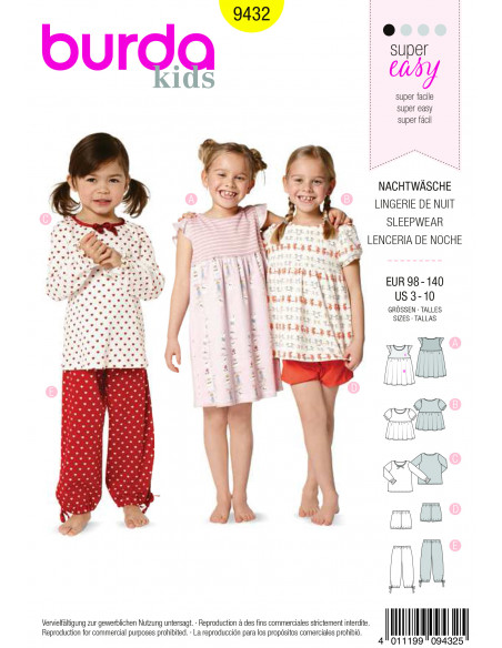 Patron Burda 9432 Kids Lingerie de nuit