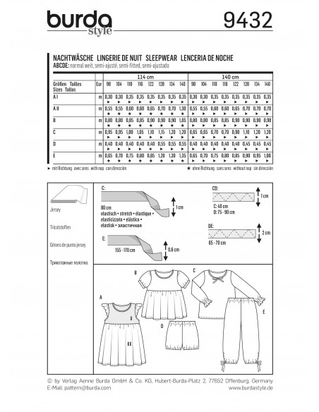 Patron Burda 9432 Kids Lingerie de nuit