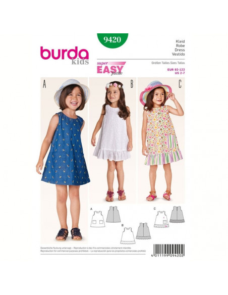 Patron Burda 9420 - Robe enfants 92 à 122cm