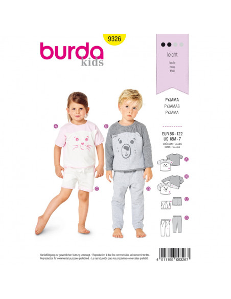 Patron Burda 9326 - Pyjama pour enfants de 18 mois à 7 ans