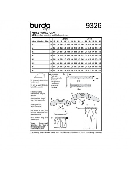 Patron Burda 9326 - Pyjama pour enfants de 18 mois à 7 ans