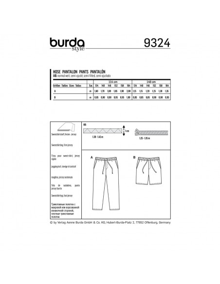 Patron Burda 9324 - Pantalon et short pour enfants de 9 à 14 ans