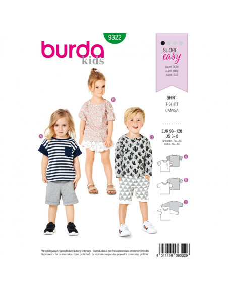 Patron Burda 9322 - Tee-Shirt pour garçons de 3 à 8 ans
