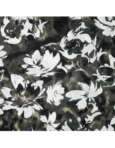 Tissu, Viscose Flammée Stretch Imprimée Fleurs, Kaki, Laize 145 cm, 97% Viscose 3% Lurex 150g/m²