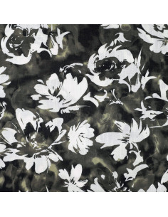 Viscose flammée imprimée stretch, fleurs, kaki