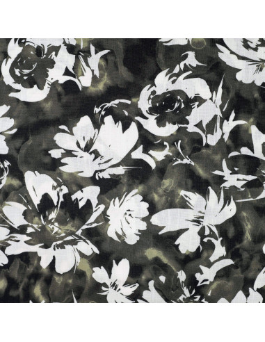Tissu, Viscose Flammée Stretch Imprimée Fleurs, Kaki, Laize 145 cm, 97% Viscose 3% Lurex 150g/m²