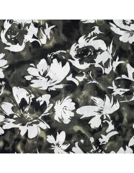 Tissu, Viscose Flammée Stretch Imprimée Fleurs, Kaki, Laize 145 cm, 97% Viscose 3% Lurex 150g/m²