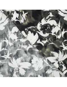 Tissu, Viscose Flammée Stretch Imprimée Fleurs, Kaki, Laize 145 cm, 97% Viscose 3% Lurex 150g/m² 2
