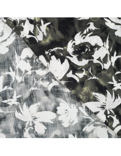 Viscose flammée imprimée stretch, fleurs, kaki 2