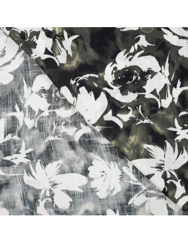 Tissu, Viscose Flammée Stretch Imprimée Fleurs, Kaki, Laize 145 cm, 97% Viscose 3% Lurex 150g/m²