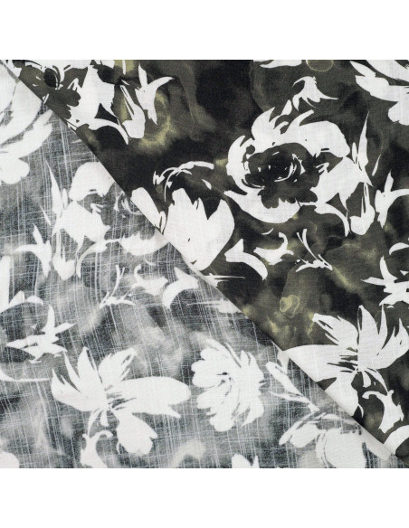 Tissu, Viscose Flammée Stretch Imprimée Fleurs, Kaki, Laize 145 cm, 97% Viscose 3% Lurex 150g/m²